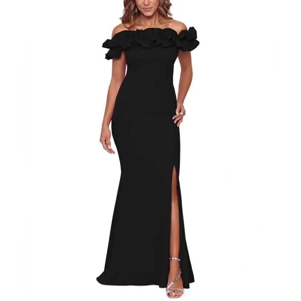 Xscape NWT Ruffle Off the Shoulder Crepe Gown Black Size 6
